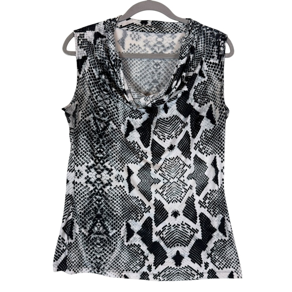 Worthington Blouse Womens Medium Black Animal Print Cowl Neck Sleeveless Stretch